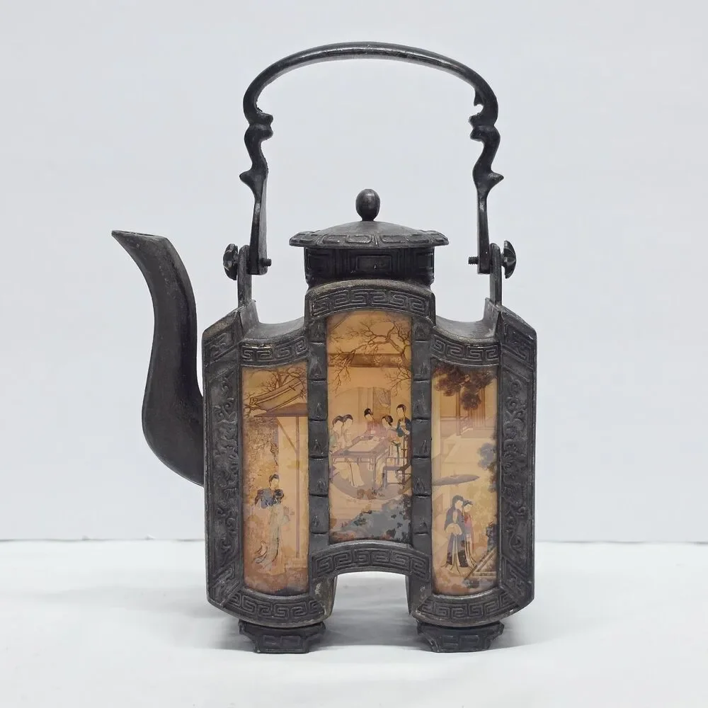 Antique Chinese Metal Decorative Teapot With Six Reverse Painted Glass Panels